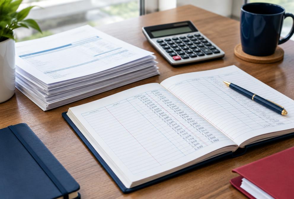Finance professional reviewing a business receivables ledger