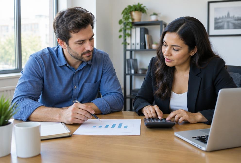 Colleagues comparing the cost of financing