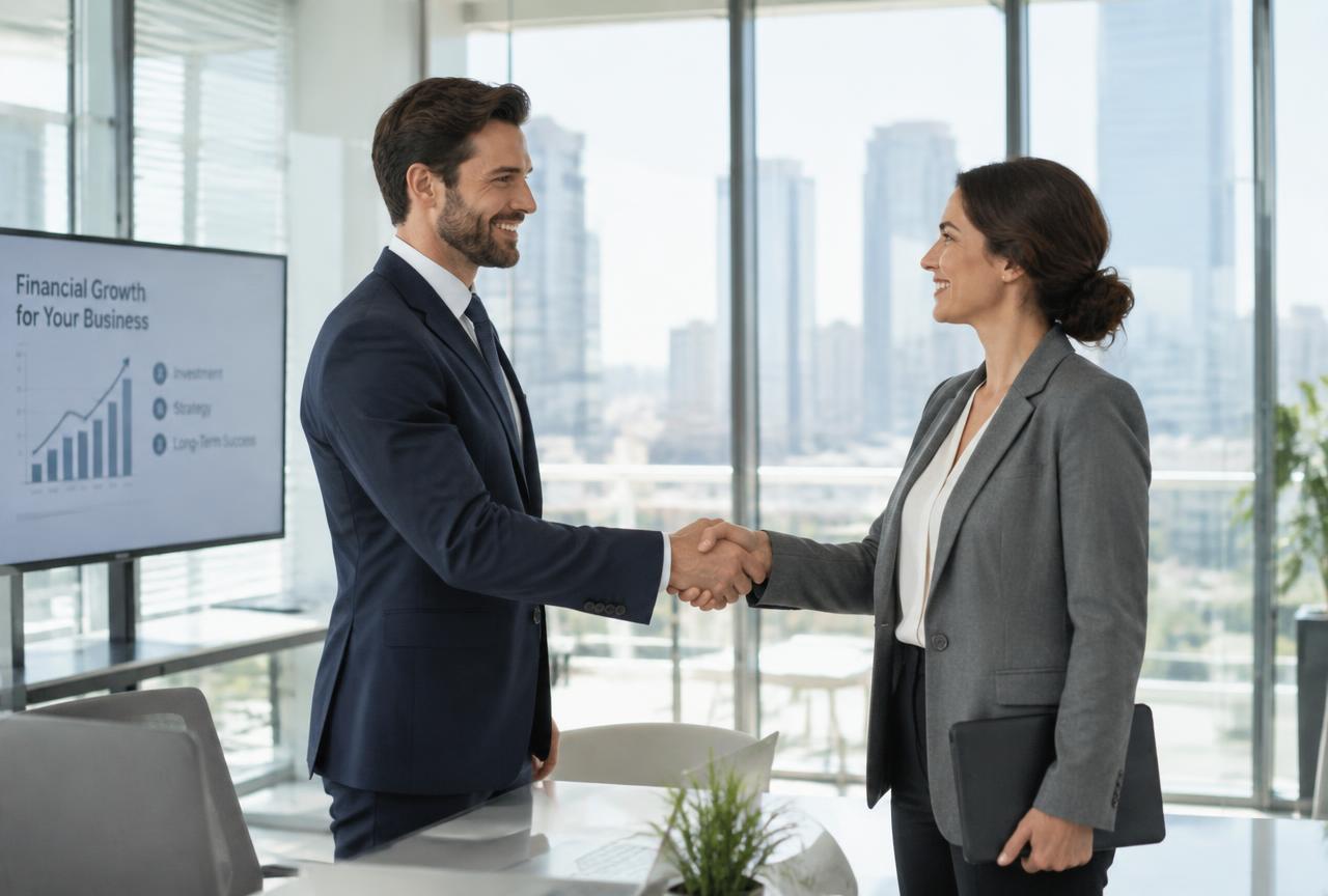 Funding advisor shaking hands with a business owner