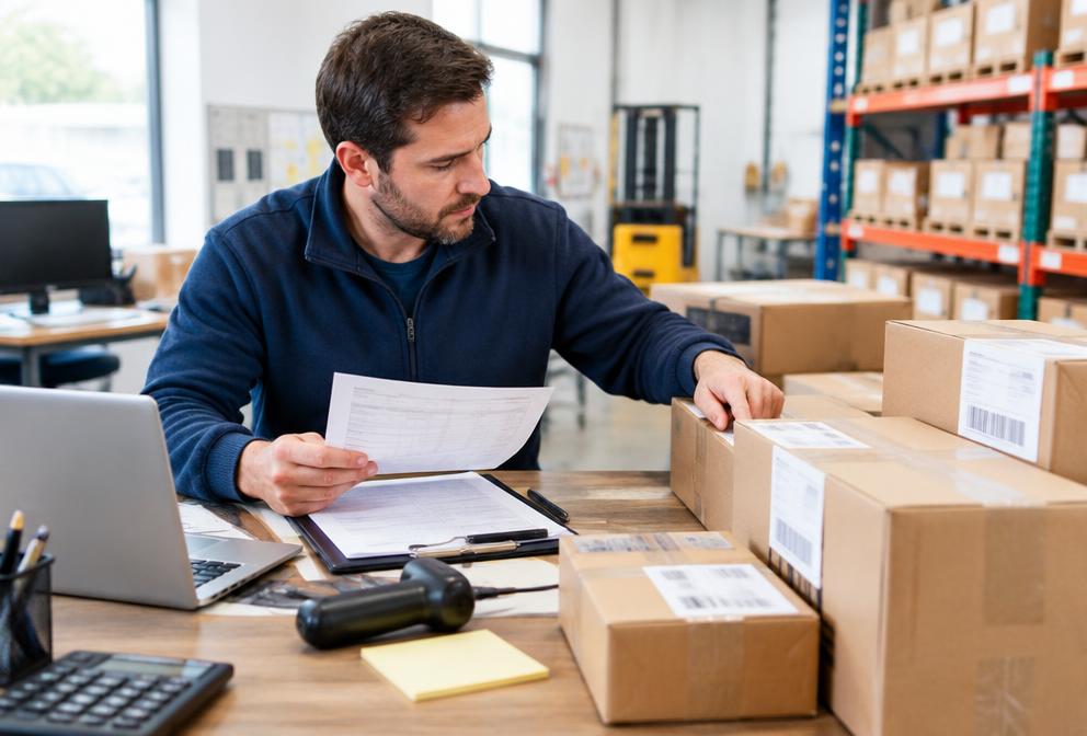 Distributor checking a purchase order against packed goods
